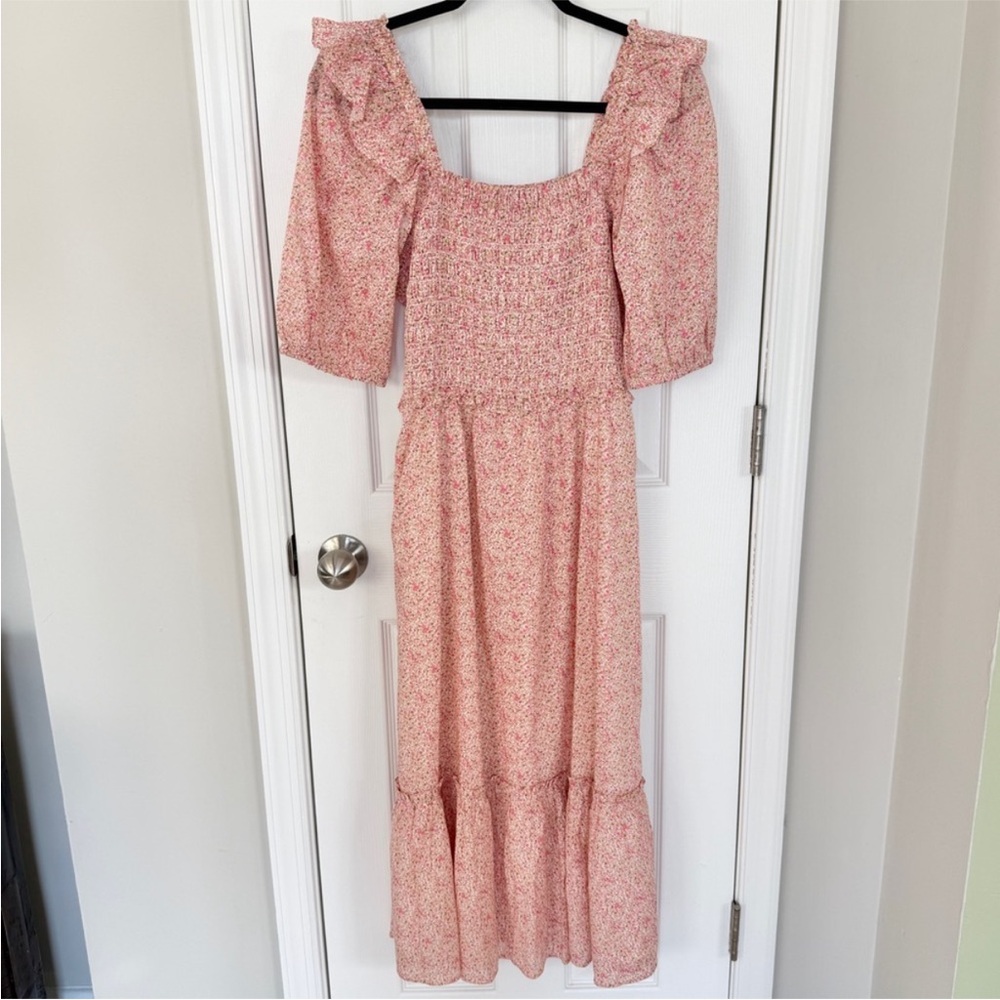 Vineyard Vines Floral Smocked Puff Sleeve Midi Dress Silk Blend NWT Medium